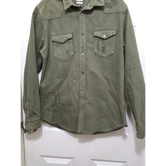 Zara Men's Denim Olive Green Relaxed Fit Distressed Button-Up Shirt L Cotton - Picture 2 of 6